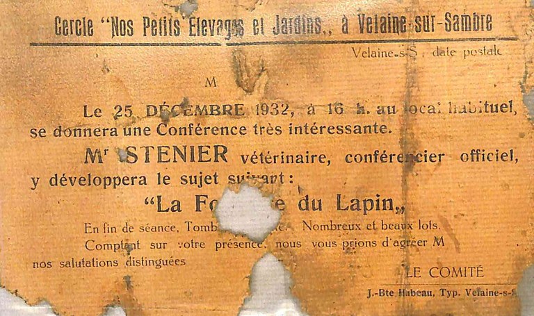 Velaine-sur-Sambre : ancienne annonce pour une conférence sur les lapins venant du cercle "Nos petits élevages et jardins"