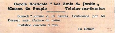 Velaine-sur-Sambre : annonce d'une conférence horticole par M. DUSSART