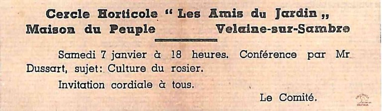 Velaine-sur-Sambre : annonce d'une conférence horticole par M. DUSSART