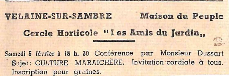 Velaine-sur-Sambre : "Cercle les amis du jardin" annonce d'une conférence sur  "la culture maraîchère"