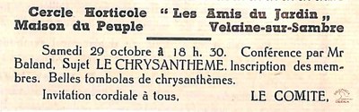 Velaine-sur-Sambre : conférence horticole de M. BALAND sur le Chrysanthème