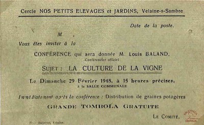 Velaine-sur-Sambre : invitation pour une conférence du cercle "Nos petits élevages et jardins" par Louis BALAND