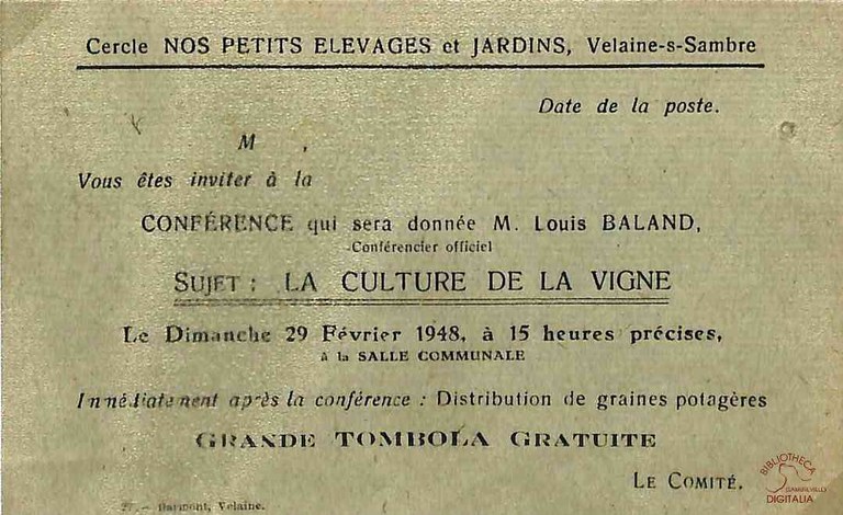 Velaine-sur-Sambre : invitation pour une conférence du cercle "Nos petits élevages et jardins" par Louis BALAND