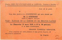 Velaine-sur-Sambre : invitation pour une conférence du cercle "Nos petits élevages et jardins" par M. J. STEINIER