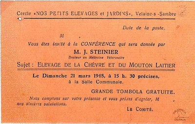 Velaine-sur-Sambre : invitation pour une conférence du cercle "Nos petits élevages et jardins" par M. J. STEINIER