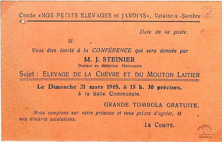 Velaine-sur-Sambre : invitation pour une conférence du cercle "Nos petits élevages et jardins" par M. J. STEINIER