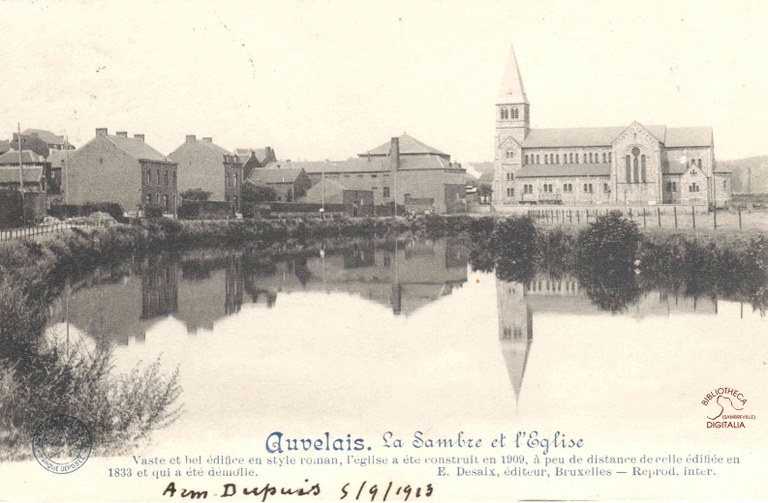Auvelais : la Sambre et l'Eglise avant le redressement de la Sambre