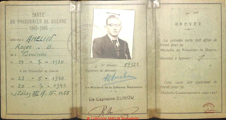 Carte de prisonnier de guerre de AMELIN Roger né le 14 juillet 1920 à Tamines