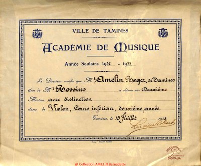 Diplôme de l'Académie de musique de Tamines au nom de AMELIN Roger
