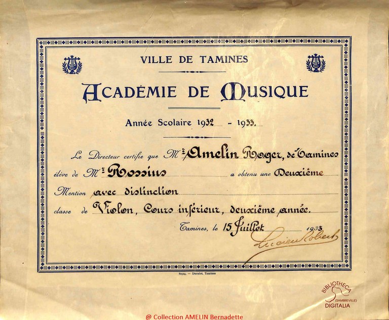Diplôme de l'Académie de musique de Tamines au nom de AMELIN Roger