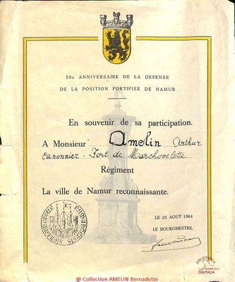Souvenir du 50e anniversaire de la défense de la positon fortifiée de Namur au nom de AMELIN Arthur