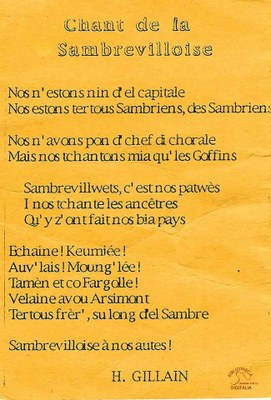 Texte en wallon: "Chant  de la Sambrevilloise" de  GILLAIN Henri