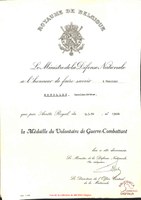 Certificat de remise de la Médaille de Volontaire de Guerre-Combattant au nm de Anselme BOUILLOT
