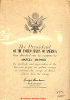 Gratitude du président des Etats Unis d'Amérique (Dwinght Eisenhower) vers Marcel MATHIEU