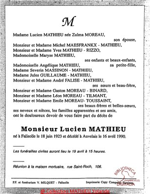 Avis de décès de Lucien MATHIEU (né à Falisolle le 18 juin 1923 - décédé à Auvelais le 16 avril 1990)