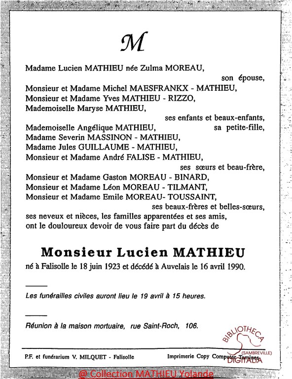 Avis de décès de Lucien MATHIEU (né à Falisolle le 18 juin 1923 - décédé à Auvelais le 16 avril 1990)