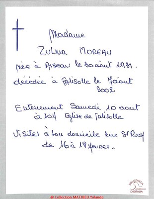 Avis de décès de Zulma MOREAU (née à Aiseau le 30 août 1931 et décédée à Falisolle le 7 août 2002