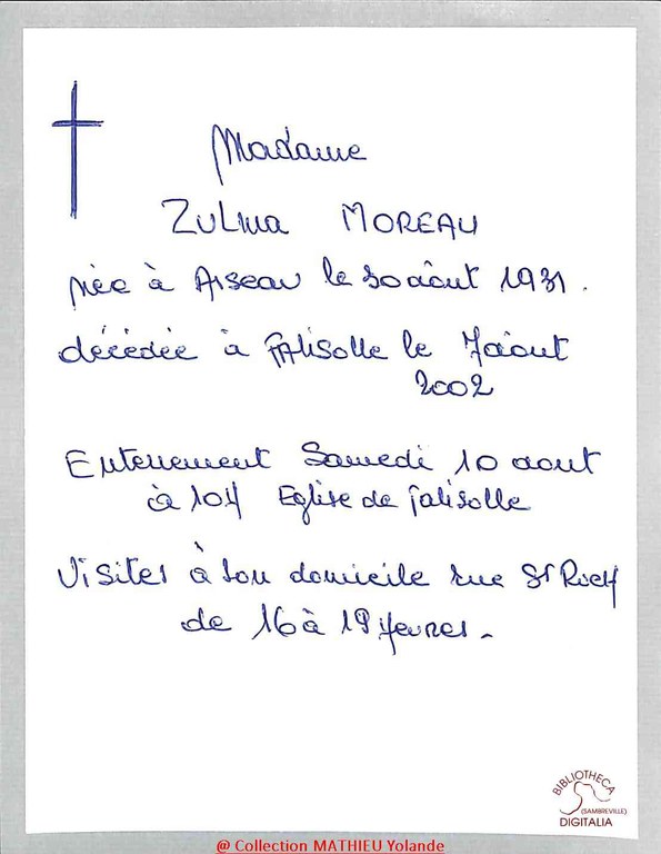 Avis de décès de Zulma MOREAU (née à Aiseau le 30 août 1931 et décédée à Falisolle le 7 août 2002