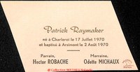 Souvenir de baptême de Patrick RAYMAKER (né à Charleroi le 17 juillet 1970) baptisé à Arsimont
