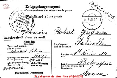 Courrier de BODART Félix pour le prisonnier GREGOIRE Robert au stalag XIII D