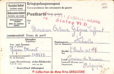 Courrier de GREGOIRE Edmond (prisonnier au Stalag VI D) Octave GREGOIRE TRIFFAUT