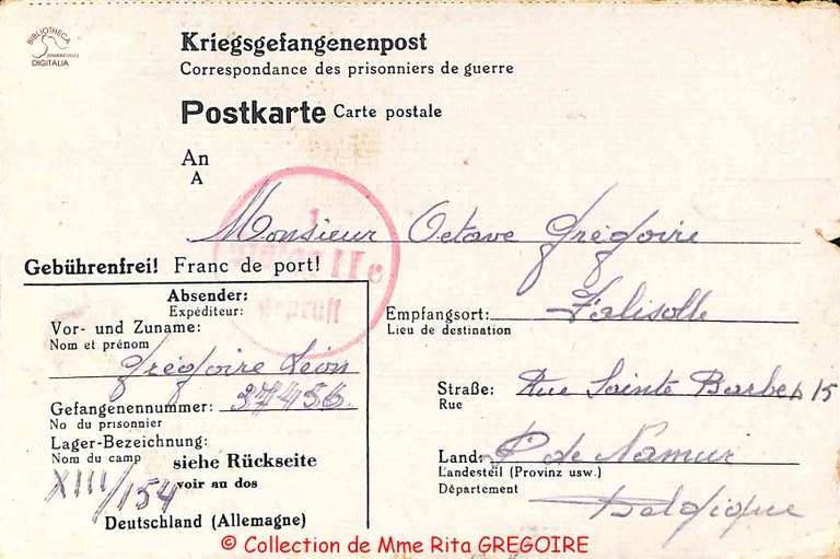 Courrier de Léon GREGOIRE (prisonnier) pour Octave GREGOIRE