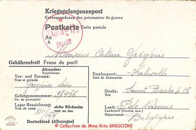 Courrier de Léon GREGOIRE (prisonnier au Stalag II C) Octave GREGOIRE
