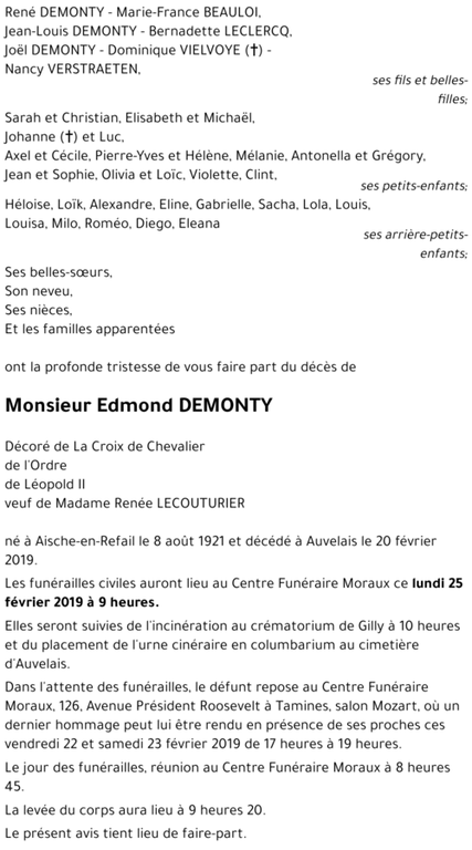 Avis de décès de Monsieur Edmond DEMONTY