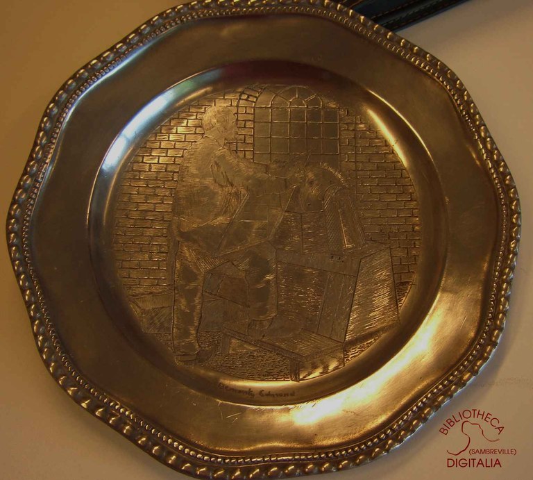 Gravure sur assiette en étain, représentant les métiers des glaceries