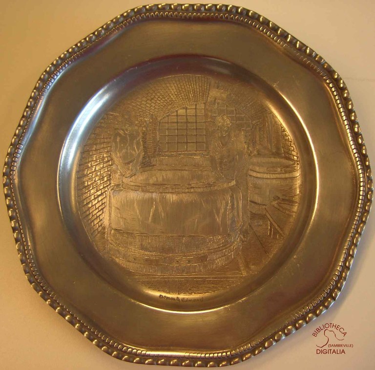 Gravure sur assiette en étain, représentant les métiers des glaceries