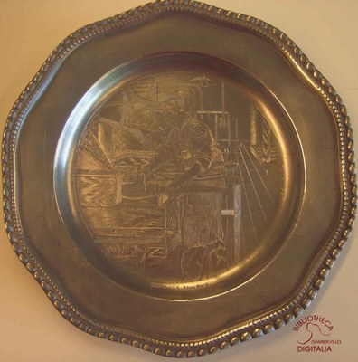 Gravure sur assiette en étain, représentant les métiers des glaceries