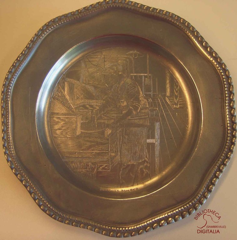 Gravure sur assiette en étain, représentant les métiers des glaceries