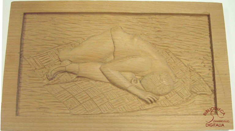 Homme assoupi sur une couverture, gravure sur bois