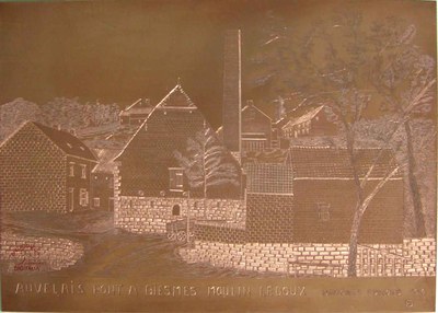 Le moulin d'Auvelais de la la rue Pont-à-Biesmes (Auvelais),  gravure sur cuivre