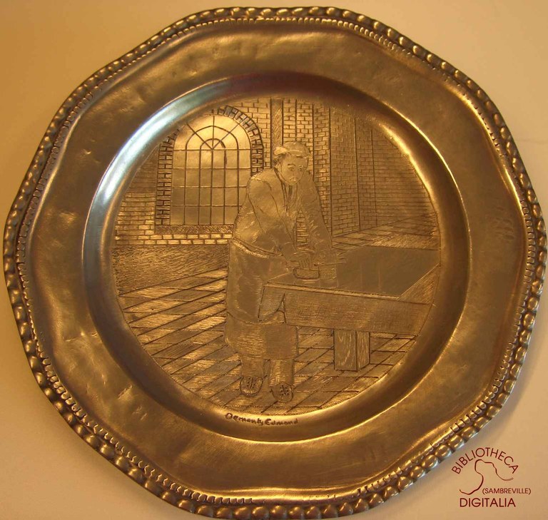 Gravure sur assiette en étain, représentant les métiers des glaceries