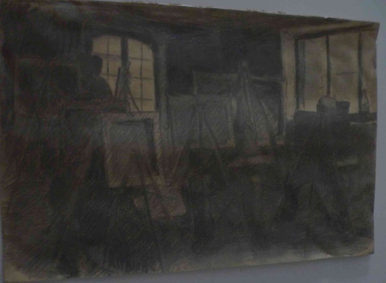 Intérieur d'atelier au fusain (issu d'une collection privée)