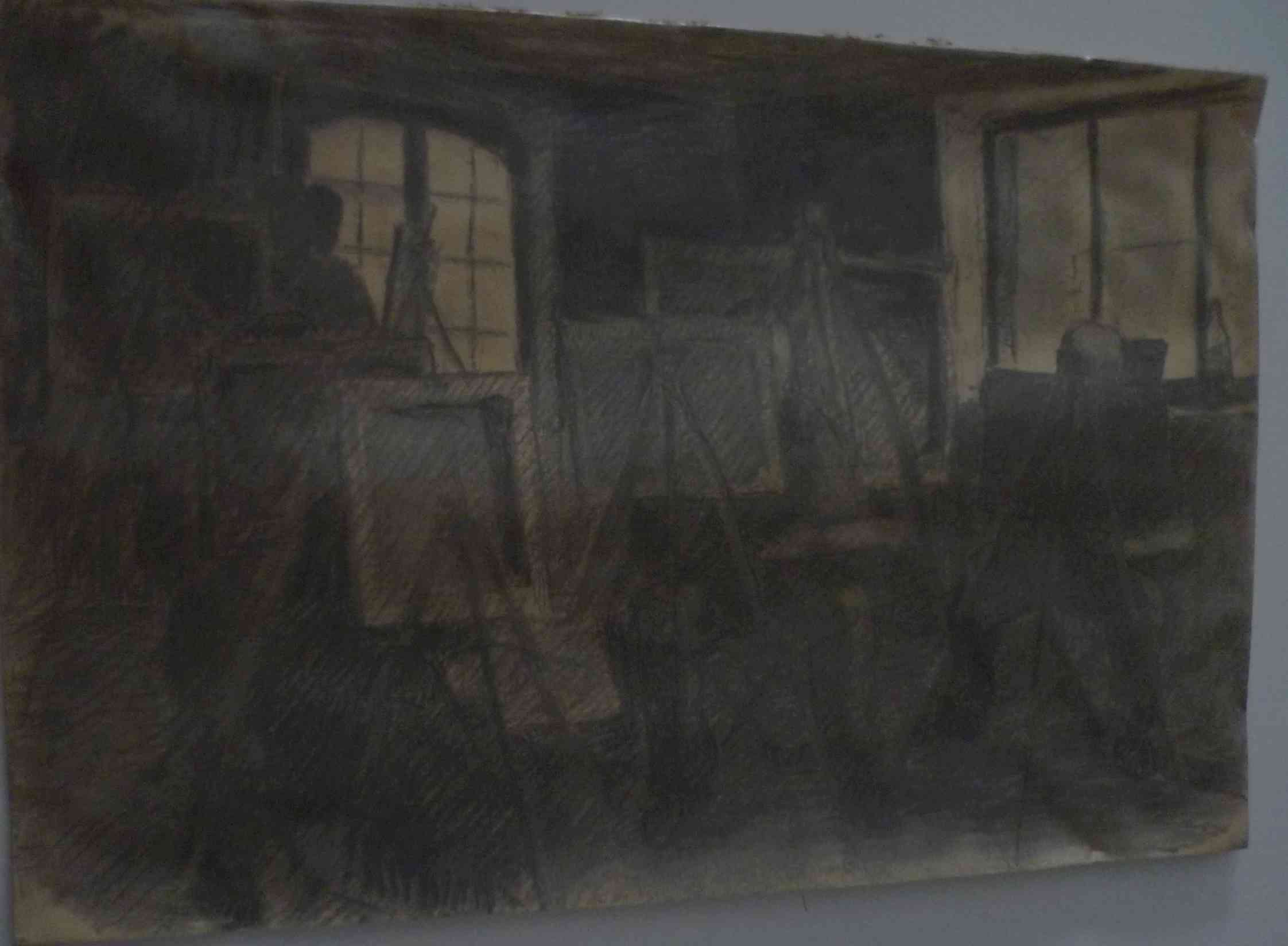 Intérieur d'atelier au fusain (issu d'une collection privée)