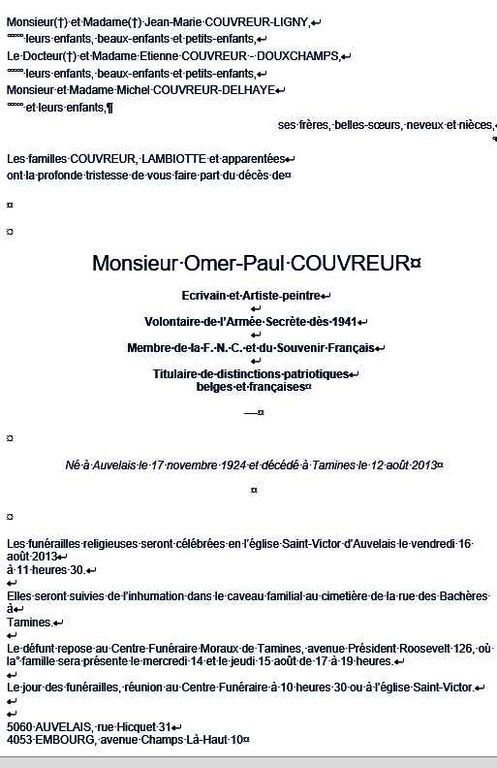 Avis de décès de Omer-Paul COUVREUR