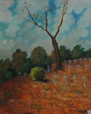 Peinture intitulée "Cimetière militaire français à Auvelais"