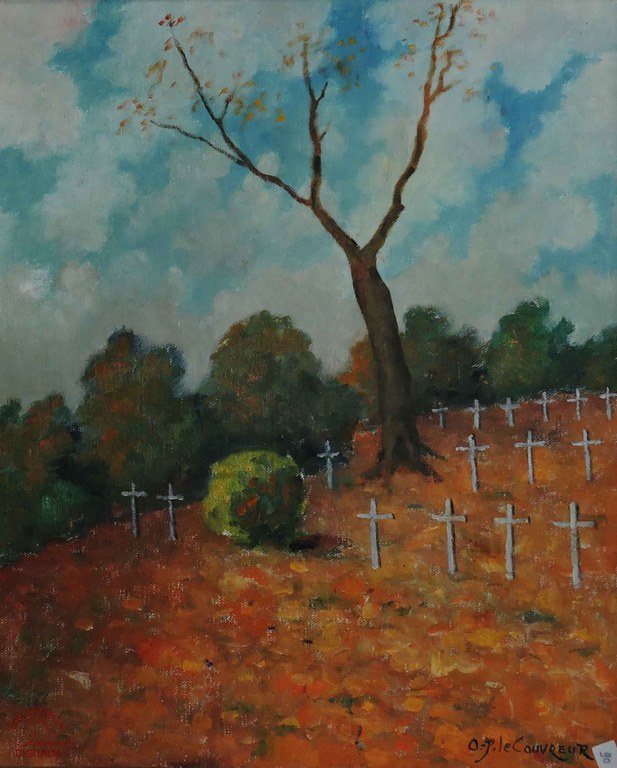 Peinture intitulée "Cimetière militaire français à Auvelais"