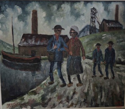 Peinture sur huile intitulée "Sortie de Charbonnage"