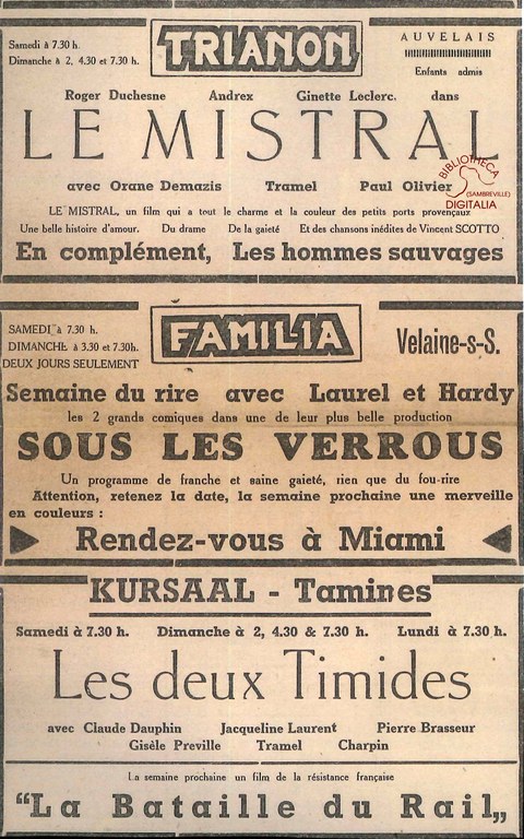 Auvelais : Cinéma le Trianon, Velaine sur Sambre : Le Familia, Tamines : Krusaal : Annonce du programme des séances de cinéma