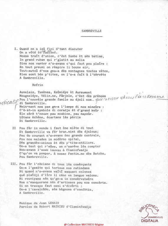 Sambreville (texte de la chanson écrite par Robert MATHIEU de Claminforge et musique de Jean LENAIN