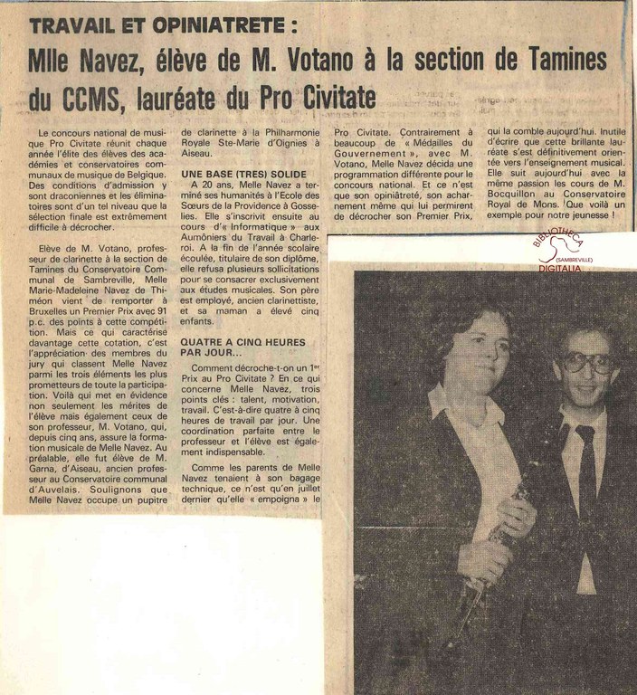 Tamines : Marie-Madeleine NAVEZ lauréate du Pro Civitate, élève de M. VOTANO