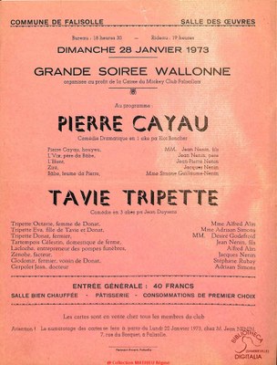 Affiche de la Grande soirée wallonne du 28 janvier 1978. Pierre Cayau et Ta Vie Tripette