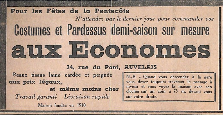 Auvelais : Aux économes (costumes et pardessus)