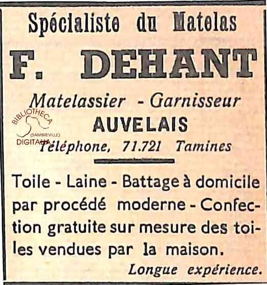 Auvelais : F. DEHANT ( matelassier - Garnisseur)