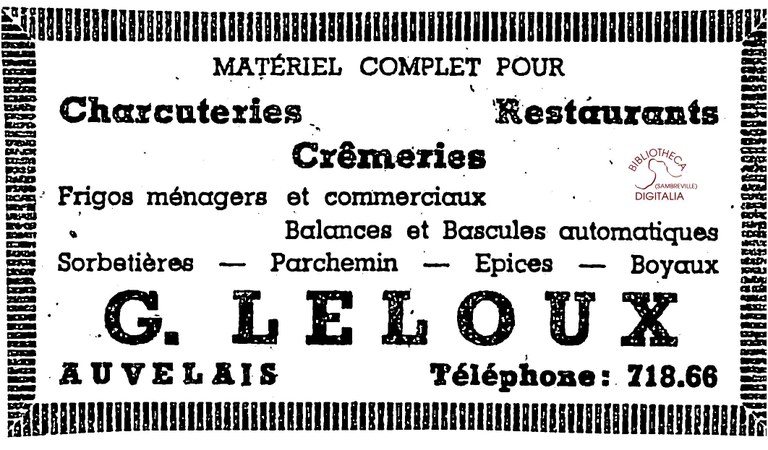 Auvelais G. LELOUX (matériel complet pour charcuteries, restaurants, crèmeries)