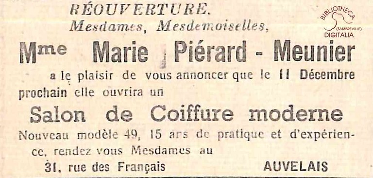 Auvelais : Mme Marie PIERARD - MEUNIER (coiffeuse)