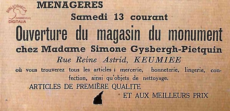 Keumiée : ouverture du magasin du monument. Chez Madame Simone GYSBERGH - PIETQUIN